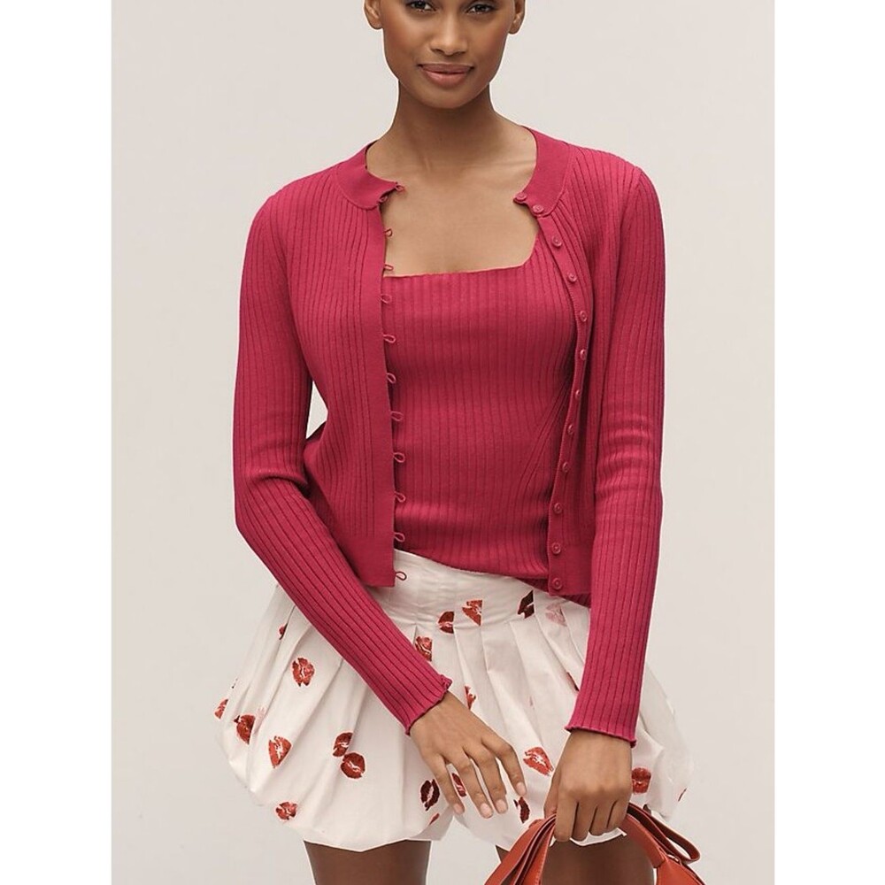 NEW Maeve Ribbed Crew-Neck Cardigan Sweater In Raspberry Size L